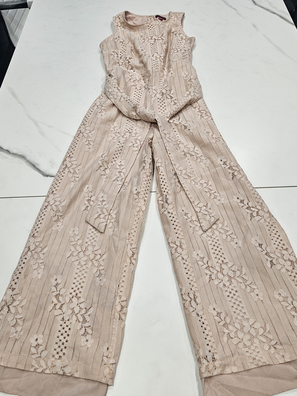 Vince Camuto Blush Lace Sleeveless Jumpsuit with Self Tie